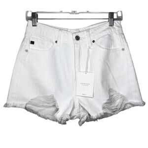 Kancan High Rise Distressed Frayed White Denim Shorts